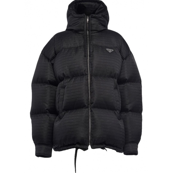 Prada Jackets & Blazers - PRADA Logo-Jacquard Hooded Re-Nylon Down Jacket Black Size 38